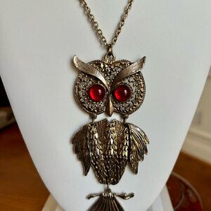 Vintage Owl Pendant Necklace in Gold and Red